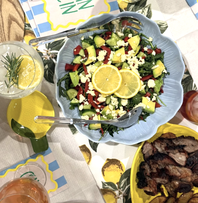 Healthy Greek salad with lemon and avocado for gut health